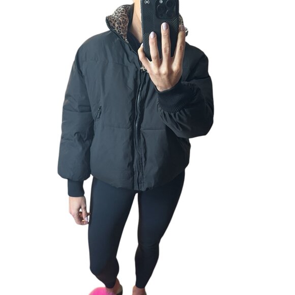 Cropped Black Puffer Jacket Soft Suede Leopard Print Collar Ribbed Cuffs Urban - Picture 12 of 12